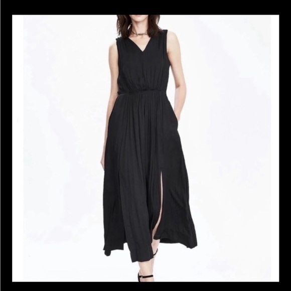 Banana Republic Dresses & Skirts - Banana Republic black satin pleated maxi dress with slit size 2